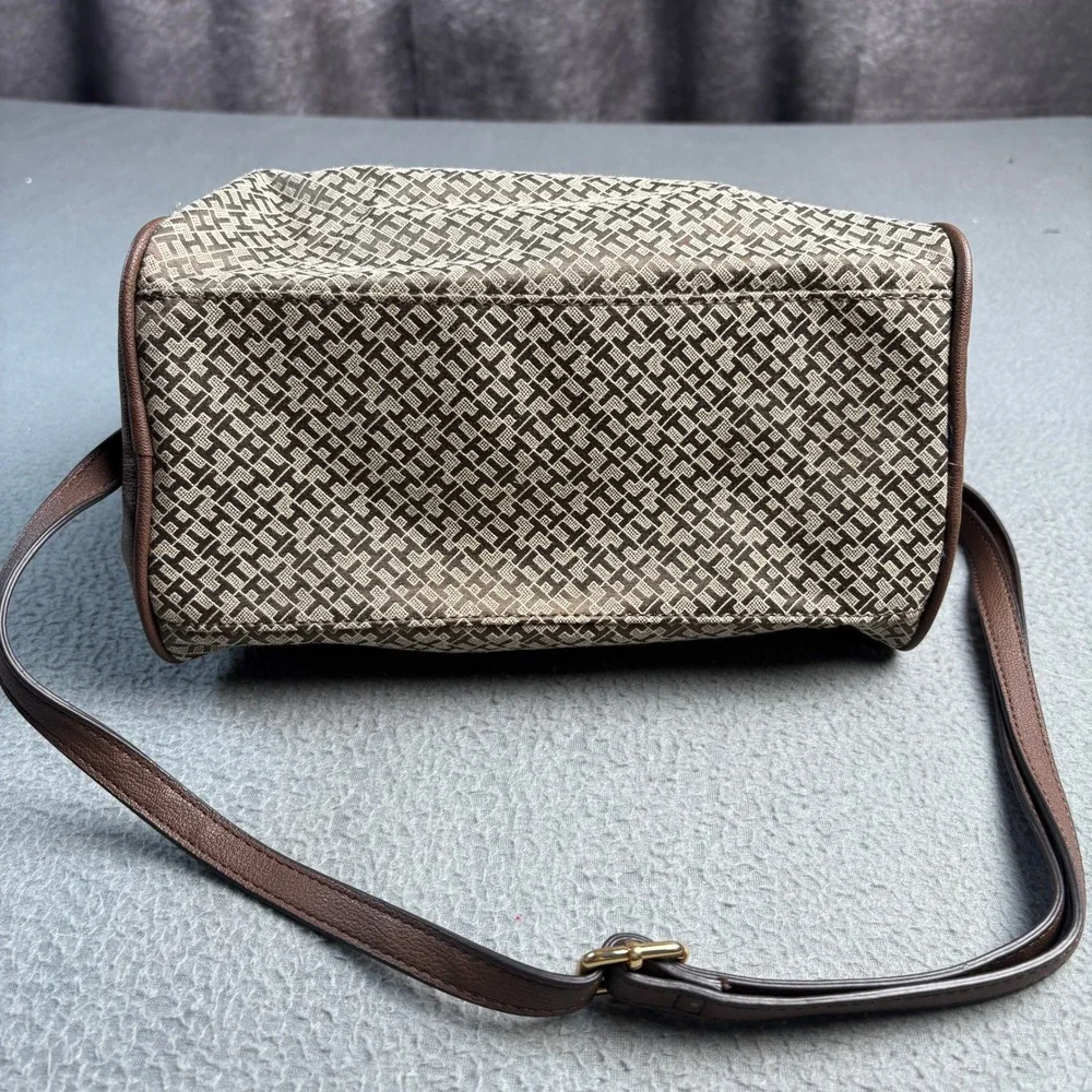 Tommy Hilfiger Monogram Jacquard Satchel Crossbody Bag Brown Tan Gold Tone